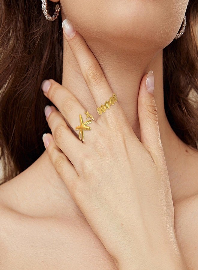 Jansun 6 PCS Gold Seashell Rings for Women 18k Gold Plated Seashell Ginkgo Starfish Surf Stackable Dainty Rings, Beachy Summer Jewelry Gift - Image 3